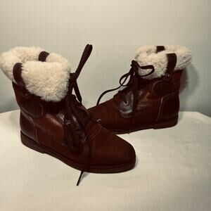 VTG Eddie Bauer Boots Outdoor Brown Leather Sherpa Lined Lace Up Winter 6.5B